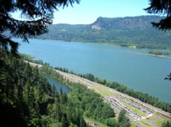 Riverbank ~  This is the view from the top of the hike. The Columbia river is huge and the cars look so tiny! 