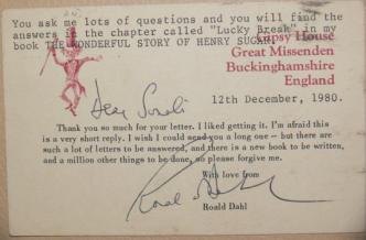 Roald Dahl ~ The text on top was typed for me! He's written the 'Dear Sonali' and signed.
(The rest is printed)
