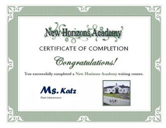 New Horizons Academy Completion Certificate ~ Completion Certificate sent to students who successfully complete a course at New Horizons Academy.