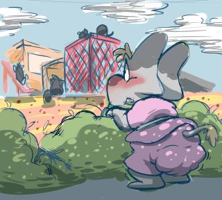 Pachyderm Potty Predicament 4 ~ Last illustration, the only reprieve you can get in this situation is hiding behind bushes until recess is over <w>