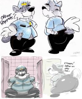 Officer Poopypants ~ Here's a design I've wanted to utilize for a long time. I love the idea of doing comics with these characters, but was thinking about a story, so I'm submitting the design.

Officer Poopypants--that's his legal last name, by the way--is a wolf cop who serves the community, but perhaps only as much as he feels like it. He's an officer on duty all the time, what with his ever-impending various problems from within. He might take a detour on route to a scene to hit up a donut shop restroom, but when things get really heated, he's not afraid to pursue on foot with loaded slacks. They say justice is blind, and we now k...