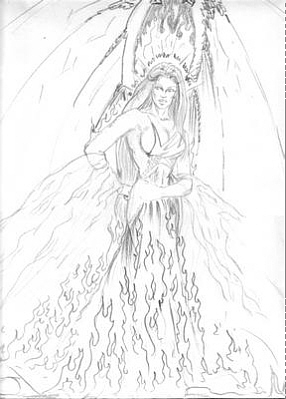 Rough pencil of Satan in flame dress - from ANGEL WARRIOR Bk. 2