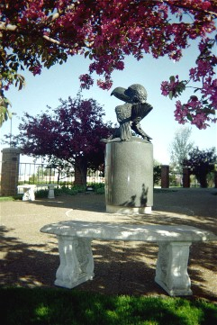 A jayhawk with an attitude poses in front of the Alumni Center among the crabapple trees.