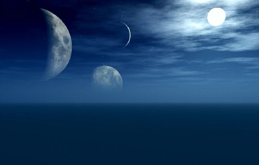 Triple moons skim over the seas of a water world