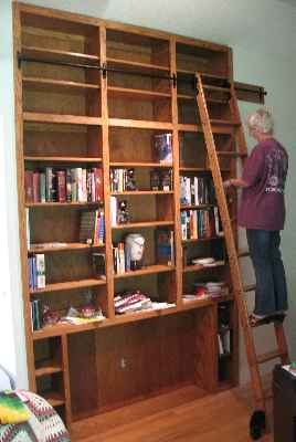 A built-in bookcase with a rolling ladder system I built.
