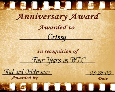 This anniversary award was given to my by Riot and Giselle d'Octobre.