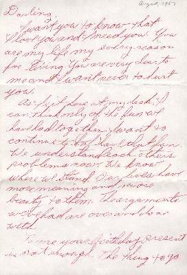 First part of a love letter Linda wrote me on my 19th birthday - 8/23/1967