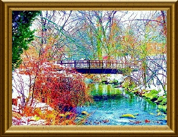 Digital impressionistic painting of a small bridge with stream
