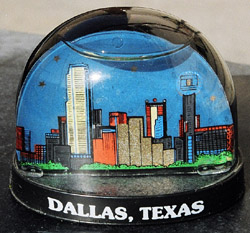 The Dallas skyline in a snow globe