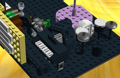 Lego bar, contains grand piano, drums, bar with beer taps & wine rack, pole dancing stage