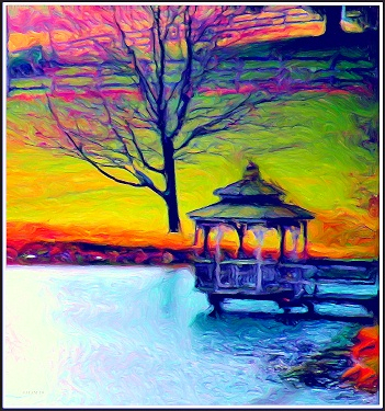 Lake scene with gazebo