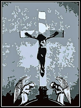 Digital art image of Christ on the Crosswith Angels praying