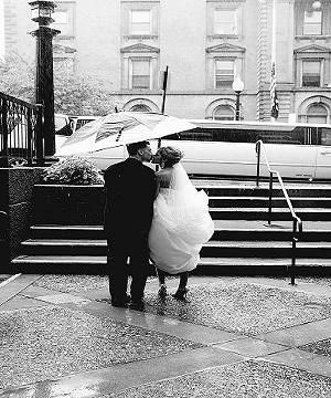 Black and white photo of a bride and groom.