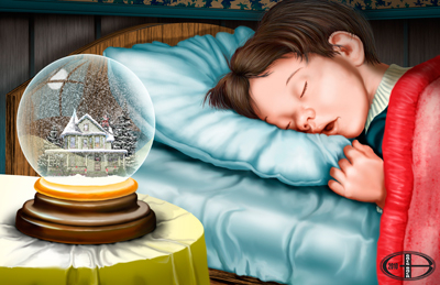 A little boy sleeps next to a snow globe with a Victorian house inside.