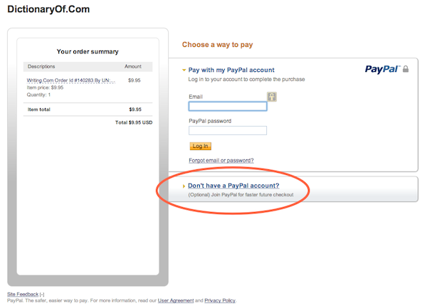 Screenshot of PayPal showing how to pay without an account.