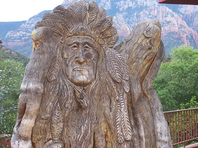tree carving of a Native American chief