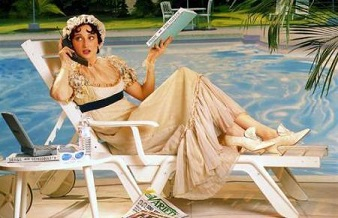 Modern picture of Jane Austen or one of her characters. Notice the cell phone and pool. 
