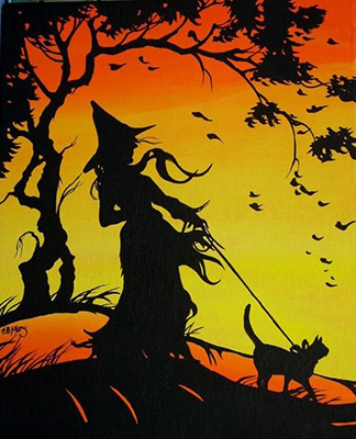 Image of a witch walking a cat