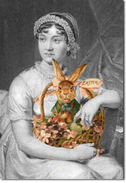 Black and white picture of Jane Austen with a color picture of a Easter Bunny and basket. 