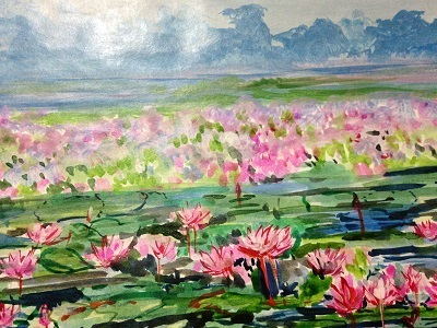 full bloomed lotus pond in autumn