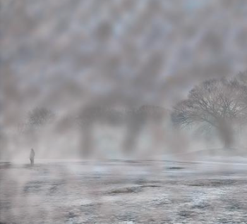 Blurred and misty photograph of man standing in devastation.