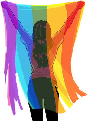 Figure holding rainbow flag overhead