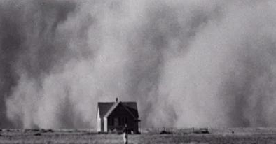 Illustration of small farmhouse before dust-filled sky.