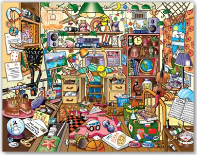 A cluttered bedroom.