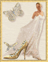 two butterflies a lady in white and a sparkling shoe
