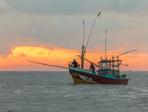 A fishing vessel against a re sky.