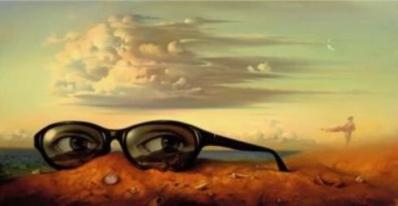 Salvador Dali painting of eyes in spectacles in the desert.