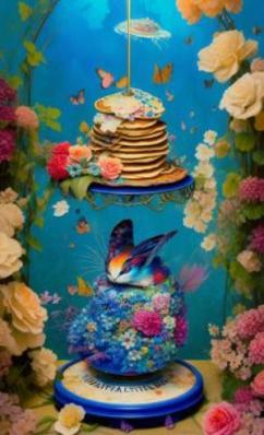 A surreal painting of butterflies and pancakes.