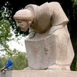 St Francis talking to a blue bird.