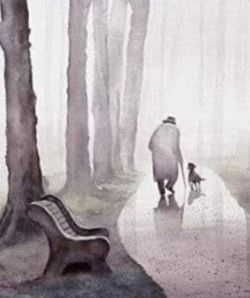 Water colour painting of old man and dog walking in the misty park.