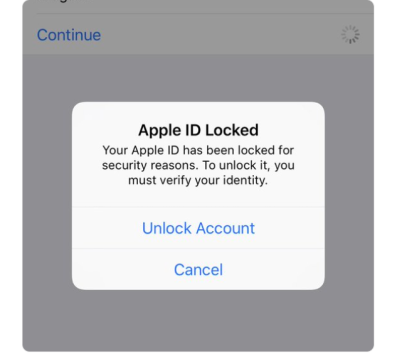 Screenshot of a locked Apple account after it was hacked into.