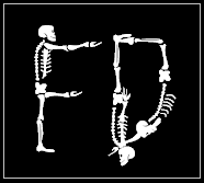 This is an alphabet clip art image of FD with skeleton written on it.
