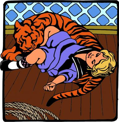 A young girl curled up with a sleeping tiger