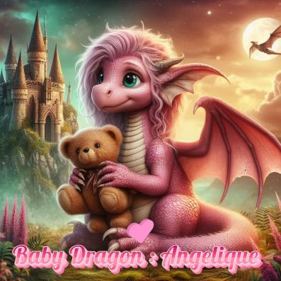 Grown up Angelique Baby Dragon and her teddy bear. Too cute.