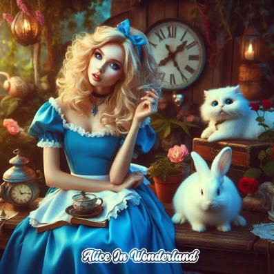 Alice IN Wonderland Poser with a white cat and white rabbit by Angel. 