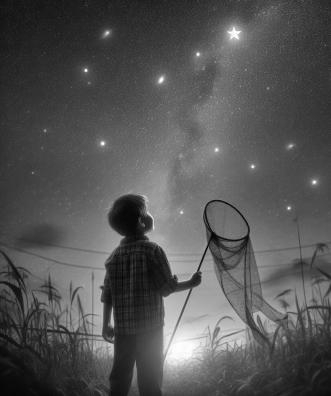 Boy with net gazes up at a starry sky