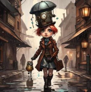 A lady with curious hat in a rain-washed street.