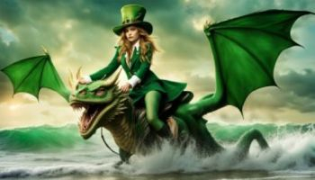 A green lady arrives from the sea on a dragon.