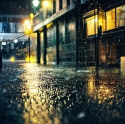 Lights reflected in a cobbled street on a raint night.