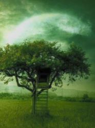 A treehouse at night with a huge moon rising behind it.
