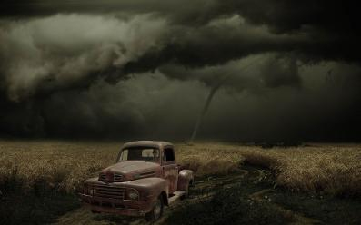 Tornado image with old truck.
