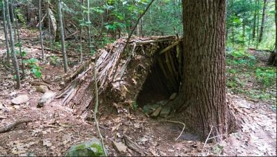 A debris-hut style shelter