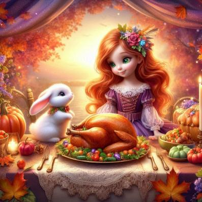 Cute image of a little girl, her bunny at Thanksgiving with a cooked turkey.