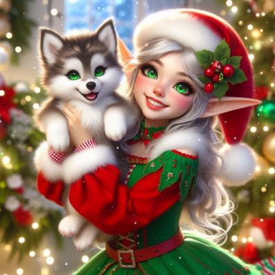 Blond Elf Girl and Her Wolf Cub.