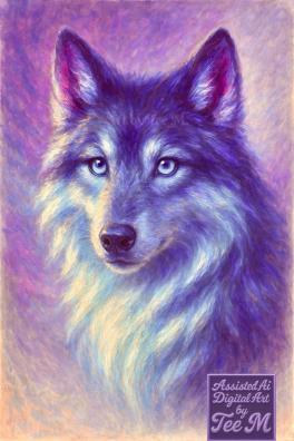 A luminous wolf rendered in jewel-toned purples and blues.