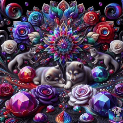 Having fun with wolf art and color. Four youn wolves at play.